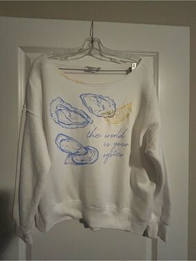 Mighty Fine White Crewneck Sweatshirt with Blue & Gold Oyster Graphic